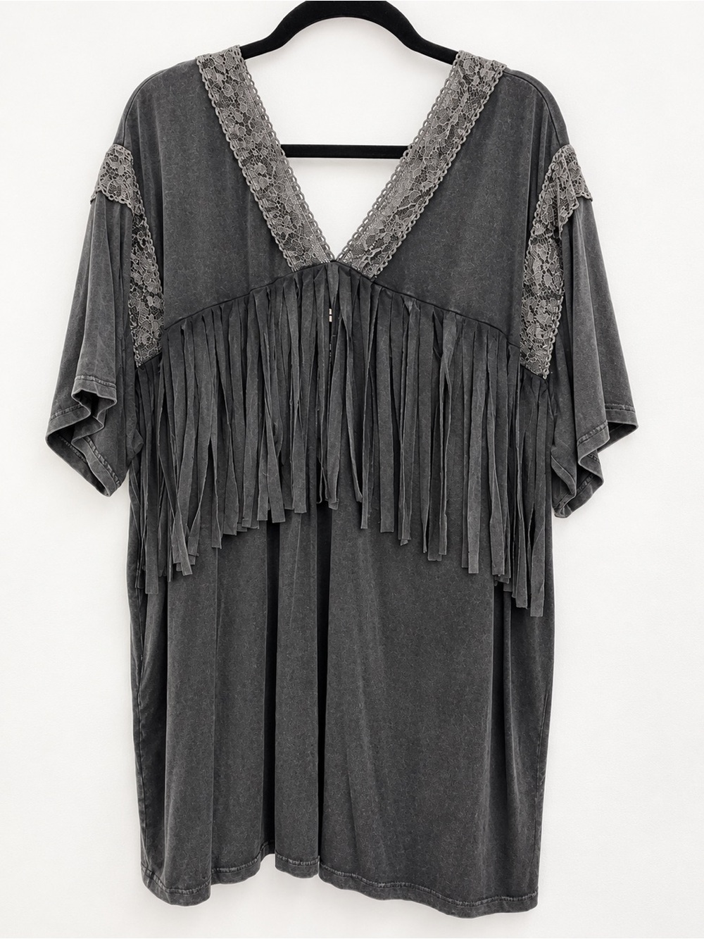 Fringed Lace Charcoal Gray top